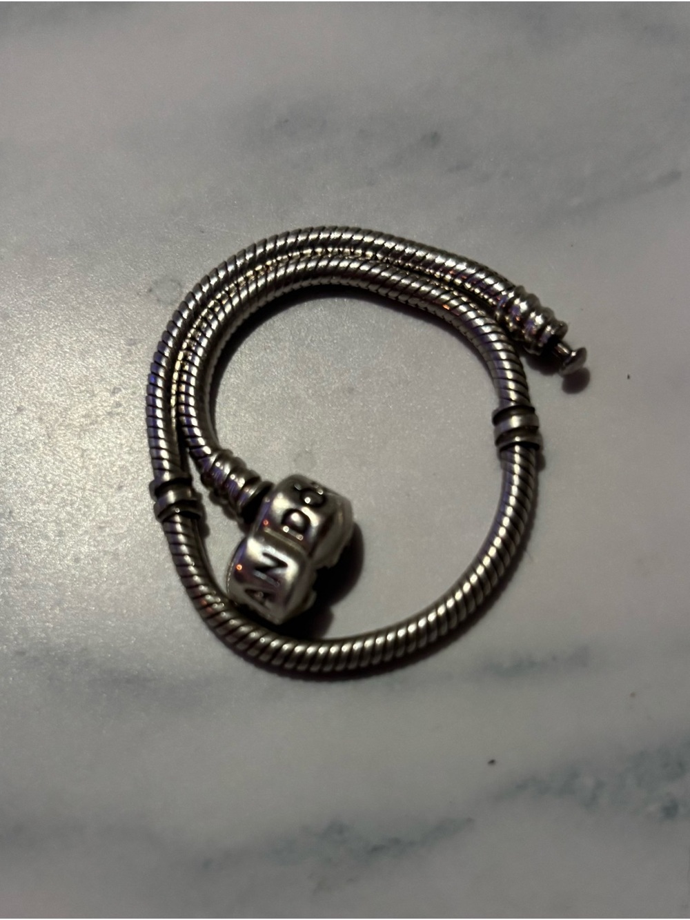Pandora Silver Snake Chain Bracelet with Letter Barrel Charm